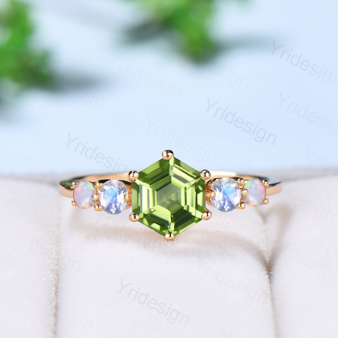 Vintage unique Peridot ring minimalist hexagon Peridot engagement