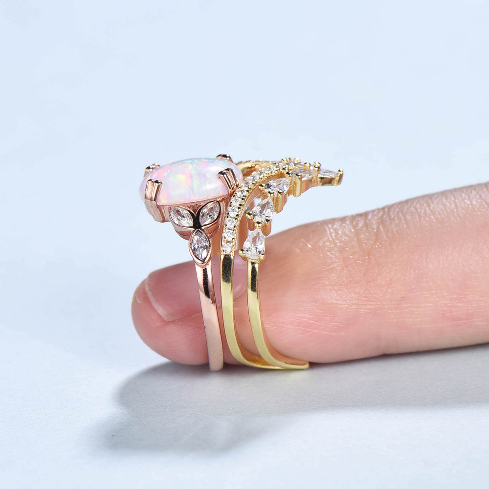 Vintage Oval Cut Opal Engagement Ring Set 8x10mm Fire White Opal Gold Bridal Set Woman Bezel Set Unique Marquise Moissanite Wedding Ring Set - PENFINE