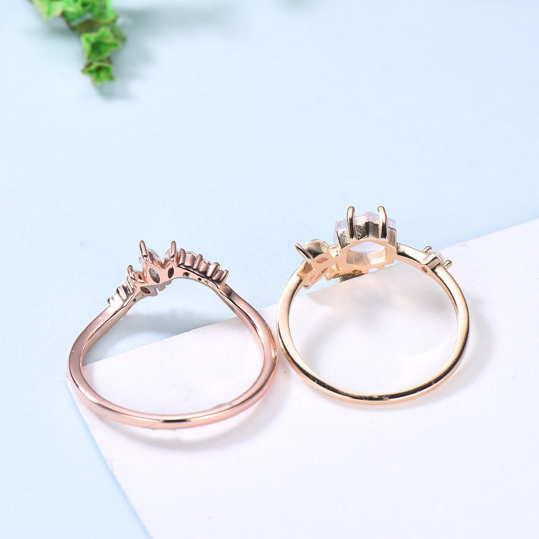 Hexagon moissanite engagement ring set art deco 14k rose gold unique vintage wedding ring set women marquise moissanite bridal ring set - PENFINE