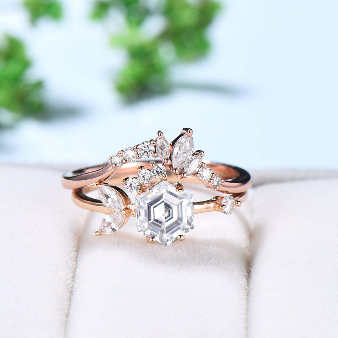 Hexagon moissanite engagement ring set art deco 14k rose gold unique vintage wedding ring set women marquise moissanite bridal ring set - PENFINE