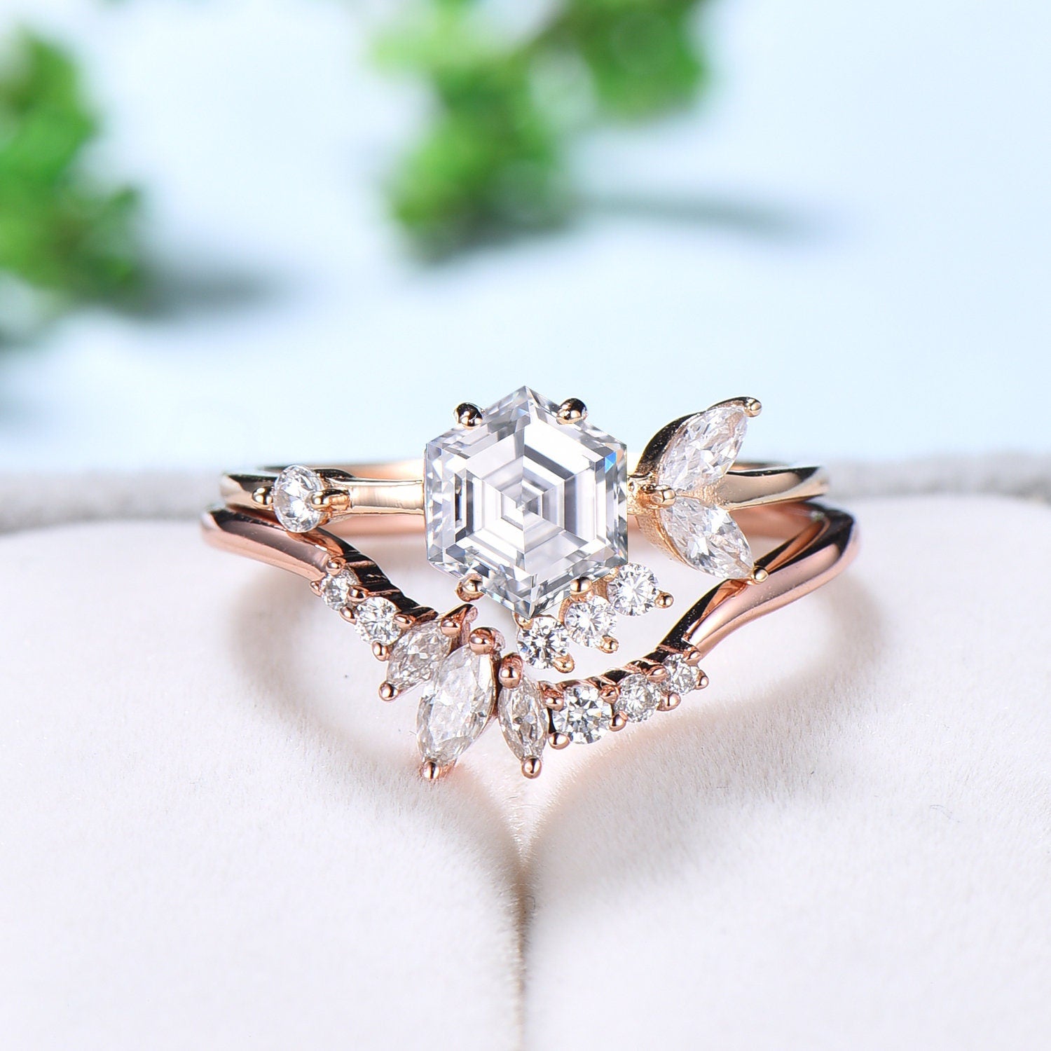Vintage Unique Blue Sapphire Engagement Ring Set 14K Rose Gold Three Stone Moissanite Ring Minimalist Bridal Wedding Ring Set for Women Gift Only