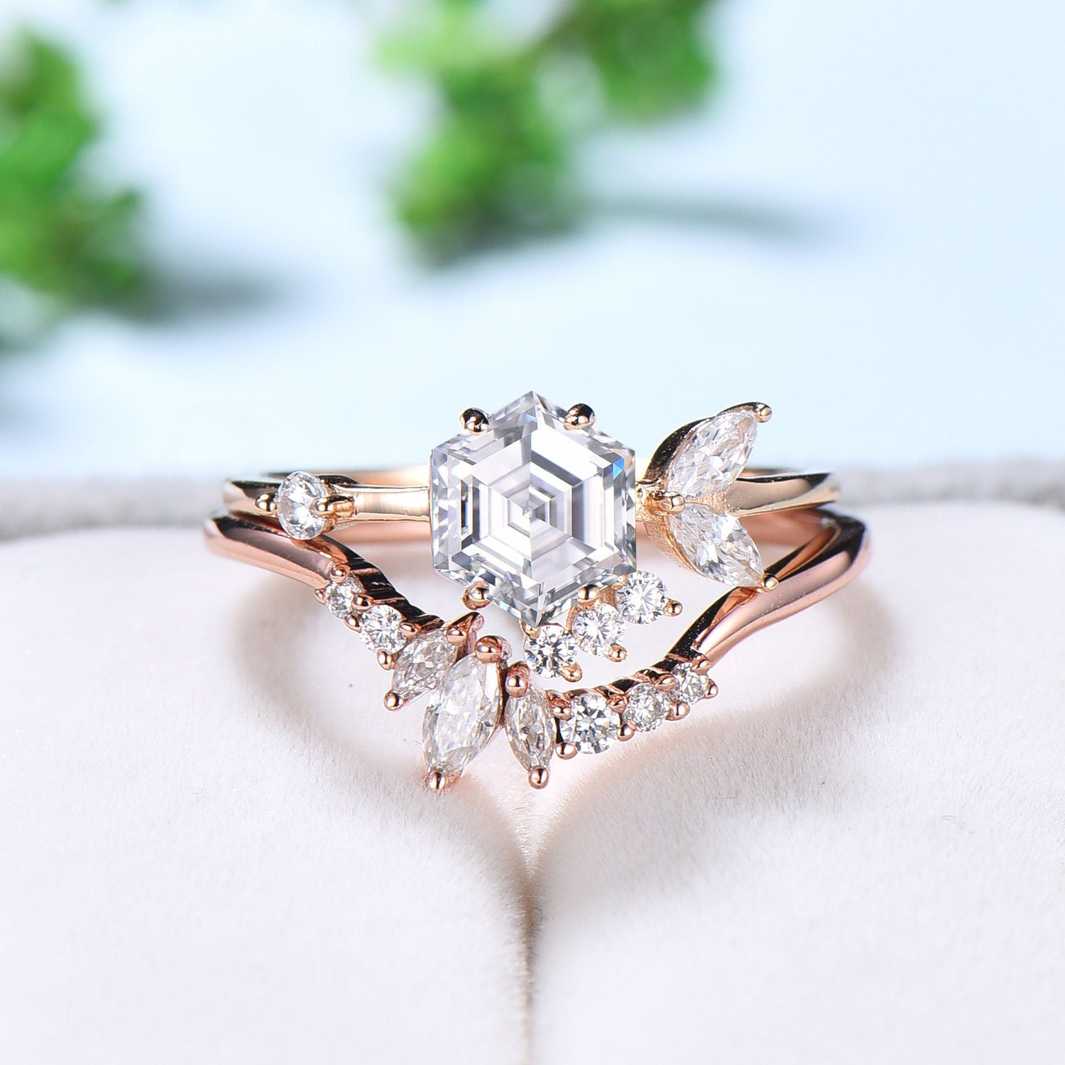 Hexagon moissanite engagement ring set art deco 14k rose gold