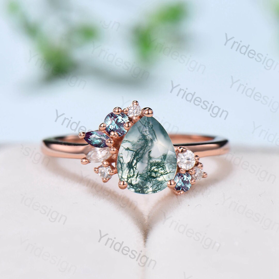 Pear shaped moss agate ring rose gold vintage unique engagement