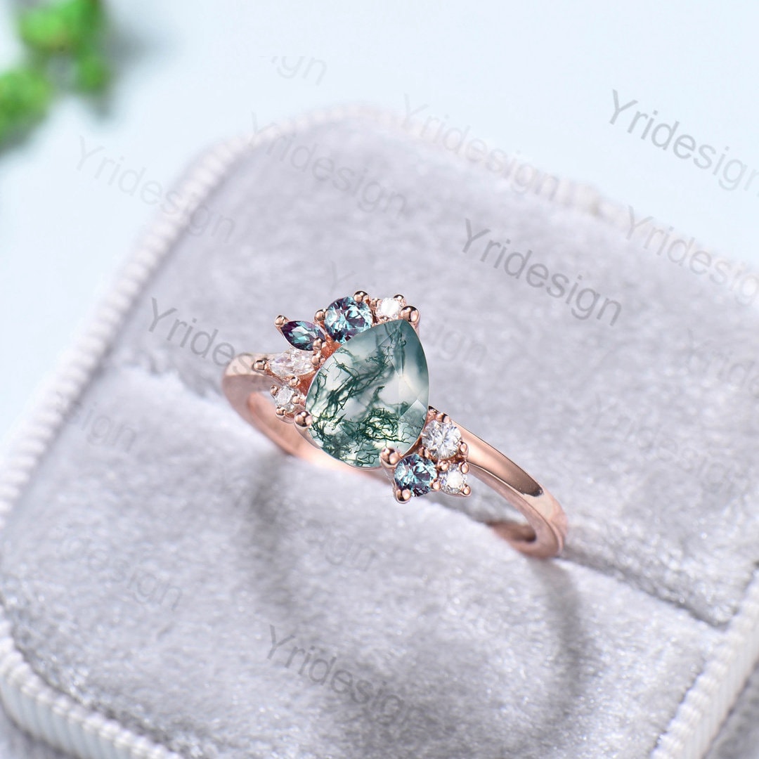 Pear shaped moss agate ring rose gold vintage unique engagement ring cluster alexandrite ring art deco moissanite promise ring for women - PENFINE