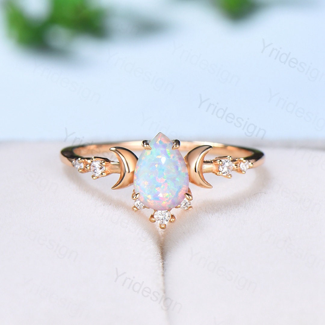 Vintage White Fire Opal Ring Rose Gold Moon Pear Shaped Opal