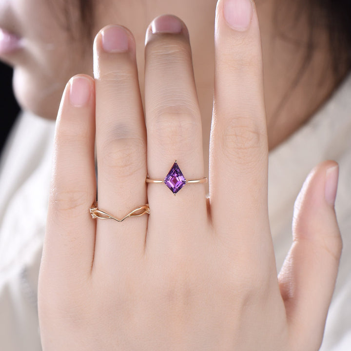 7x10mm Kite Cut Amethyst Ring Set Solitaire 1.5CT Purple Amethyst Engagement Ring Simple Rose Gold February Birthstone Wedding Bridal Set - PENFINE