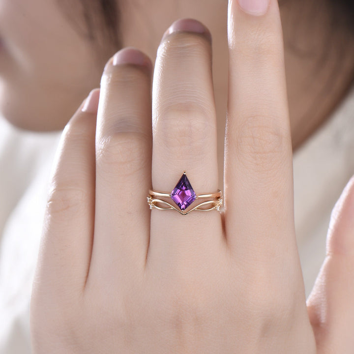 7x10mm Kite Cut Amethyst Ring Set Solitaire 1.5CT Purple Amethyst Engagement Ring Simple Rose Gold February Birthstone Wedding Bridal Set - PENFINE