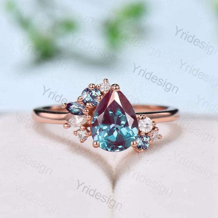 Pear shaped alexandrite ring rose gold vintage unique alexandrite engagement ring alternative cluster ring art deco moissanite bridal ring - PENFINE
