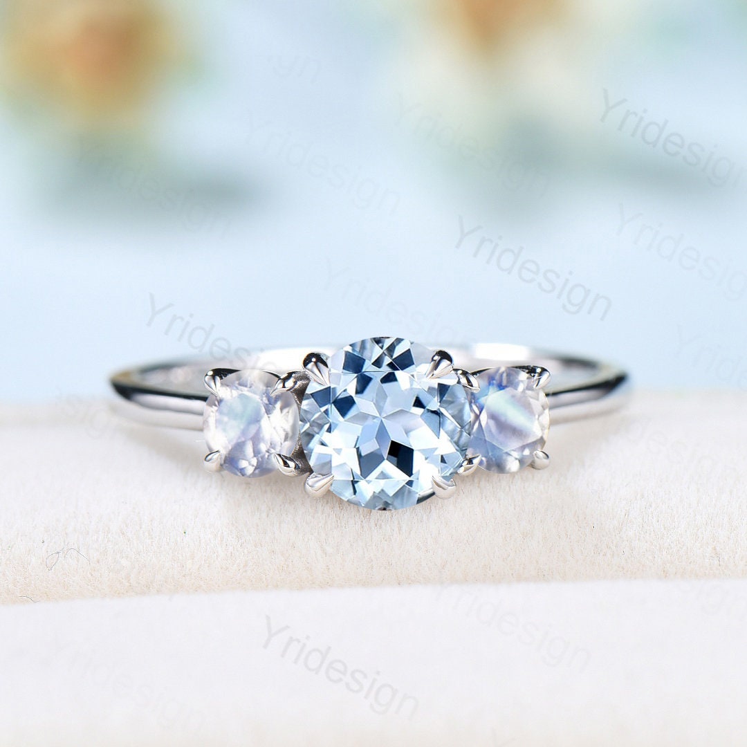 Three Stone Aquamarine Ring Dainty Moonstone Aquamarine Engagement