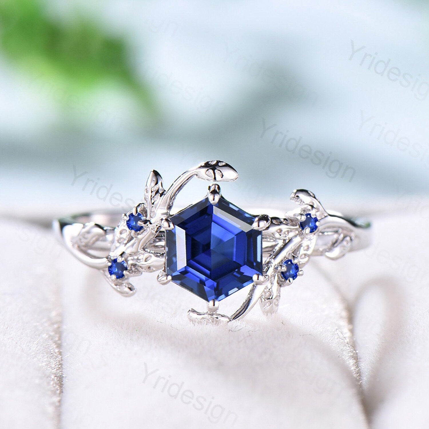 Elegant Hexagon Cut Sapphire Ring White Gold Vintage Blue Sapph – PENFINE