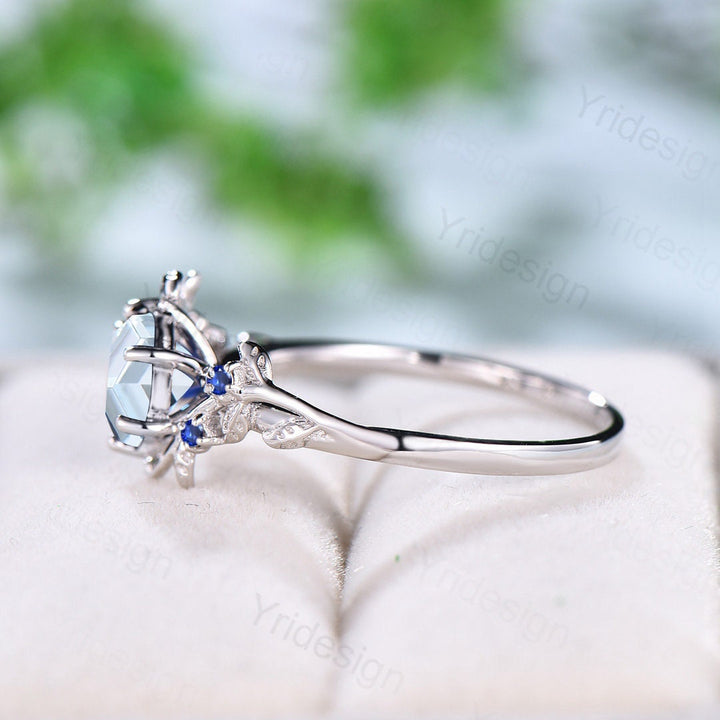 Natural Alternative Aquamarine Ring White Gold Vintage Leaf Aquamarine Engagement Ring Unique Cluster Blue Sapphire  Wedding Ring For Women - PENFINE