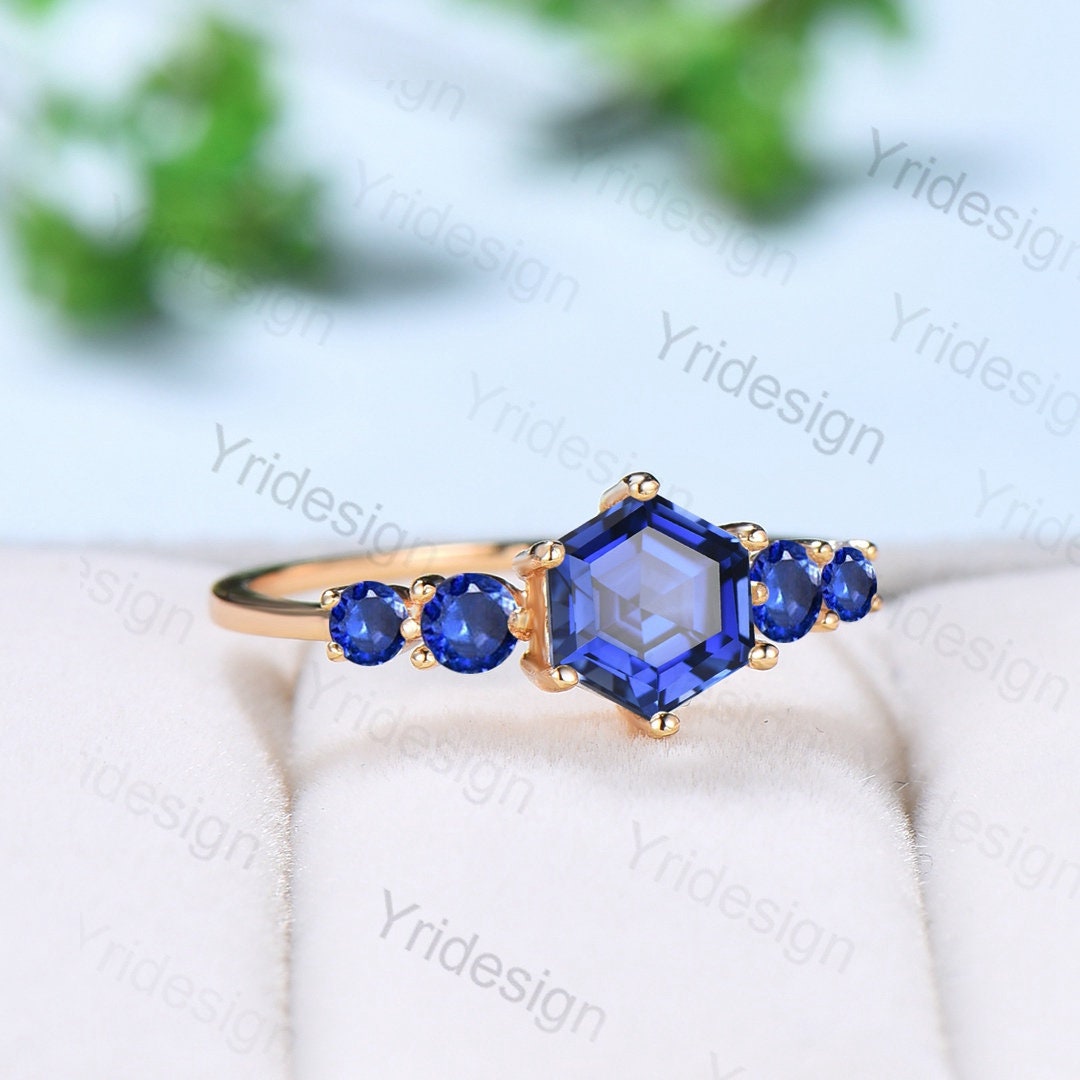Vintage Alexandrite Engagement Ring Set Rose Gold Five Stone Pear Moon –  PENFINE
