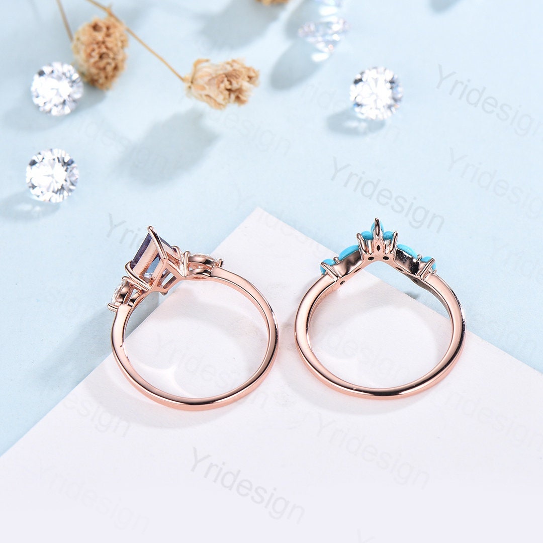 Kite Cut Turquoise engagement ring set 14k rose gold vintage unique Three stone marquise moissanite wedding ring set for women Bridal Set - PENFINE