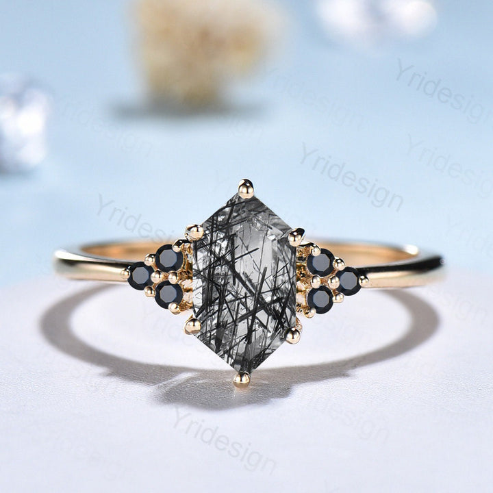 Natural Black Rutilated Quartz Ring Vintage Black Gemstone Ring Hexagon Black Rutile Quartz Engagement Ring Unique Women Wedding Bridal Ring - PENFINE