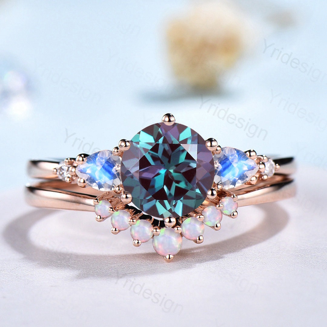 Vintage Alexandrite Engagement Ring Set Rose Gold Five Stone Pear Moonstone  Wedding Ring Set Women Crown Opal Stacking Band Anniversary Gift
