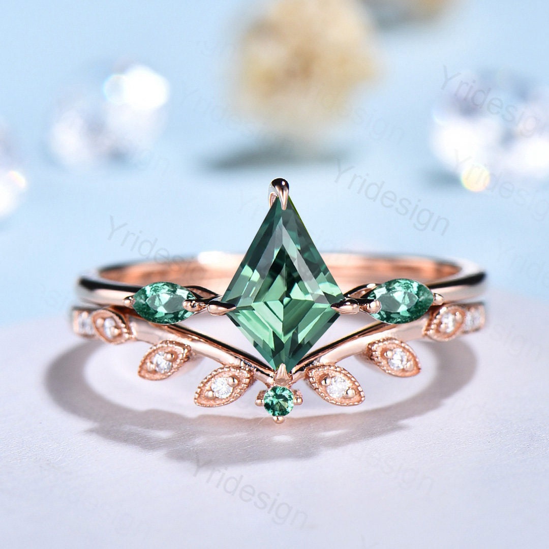 Unique Green Sapphire Engagement Ring Set Kite Cut Rose Gold