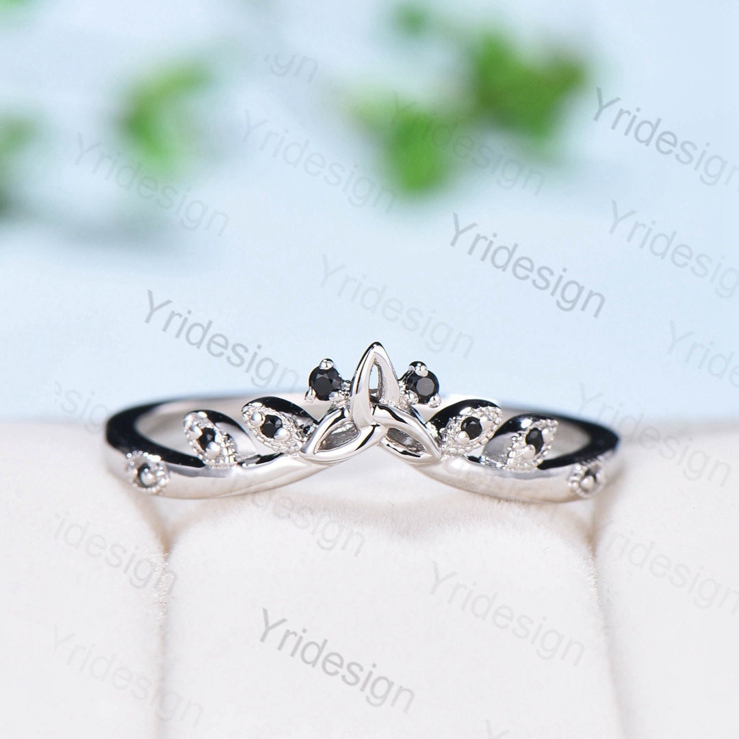 Celtic Knot Norse Viking black diamond wedding band women-unique curved wedding band stacking ring spinel band Valencia Leaf Wedding Band - PENFINE