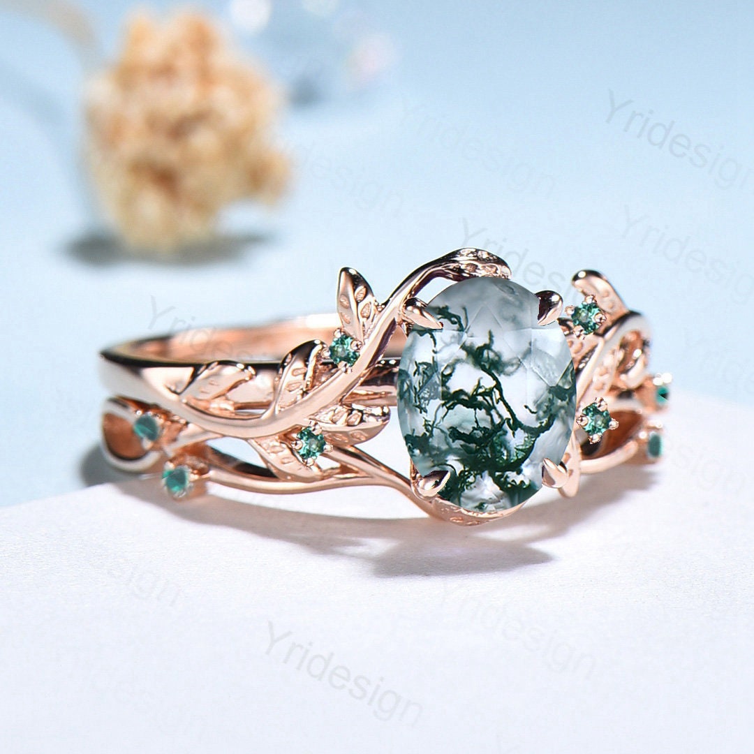Cushion Cut Green Moss Agate Ring Vintage Unique Nature Inspired Engagement Ring Leaf 14K Rose Gold Ring Art Deco Bridal Wedding Ring Women 14K Rose