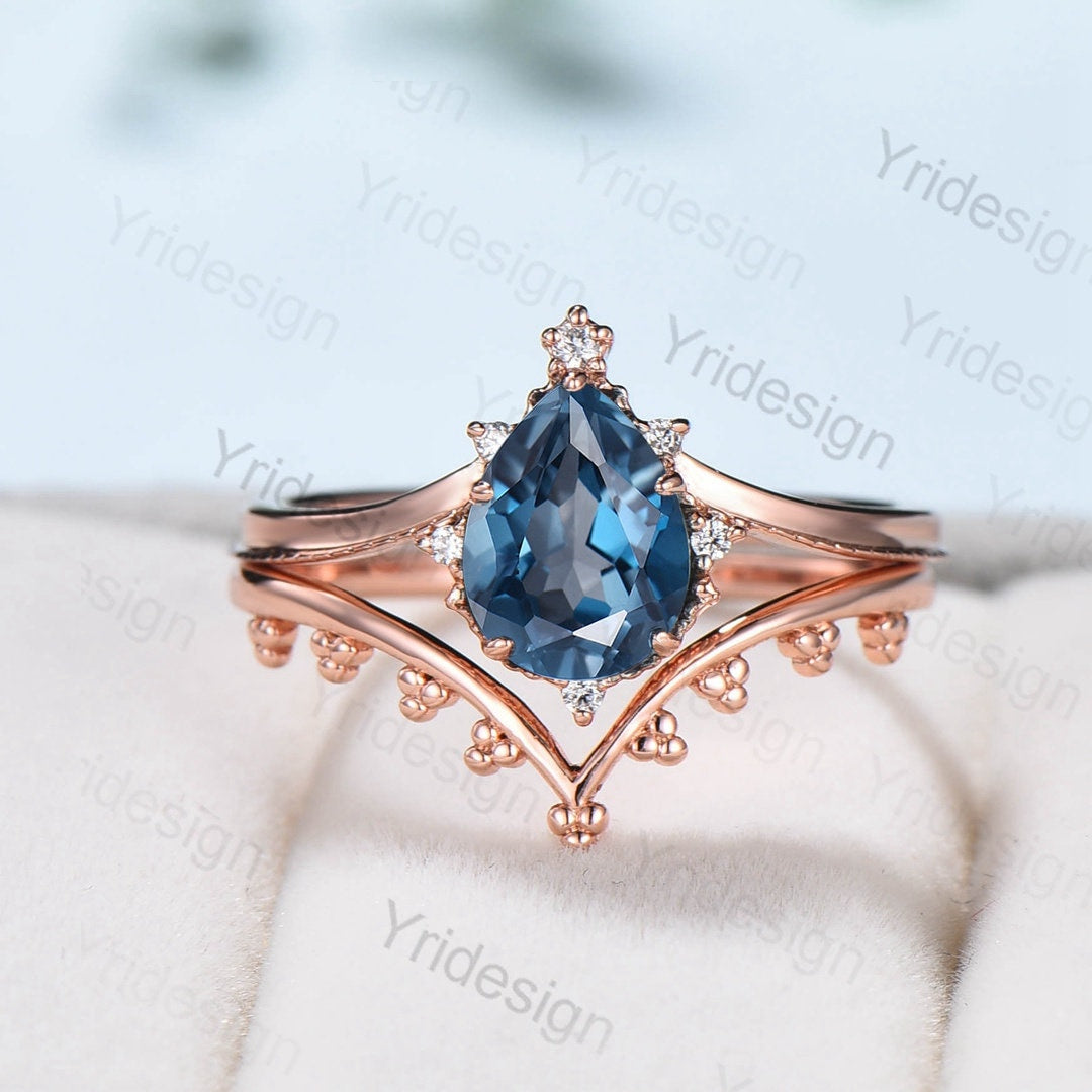 Vintage London blue topaz engagement ring set Teardrop Leaf rose gold wedding set unique flower plain gold stacking band Art deco bridal set - PENFINE