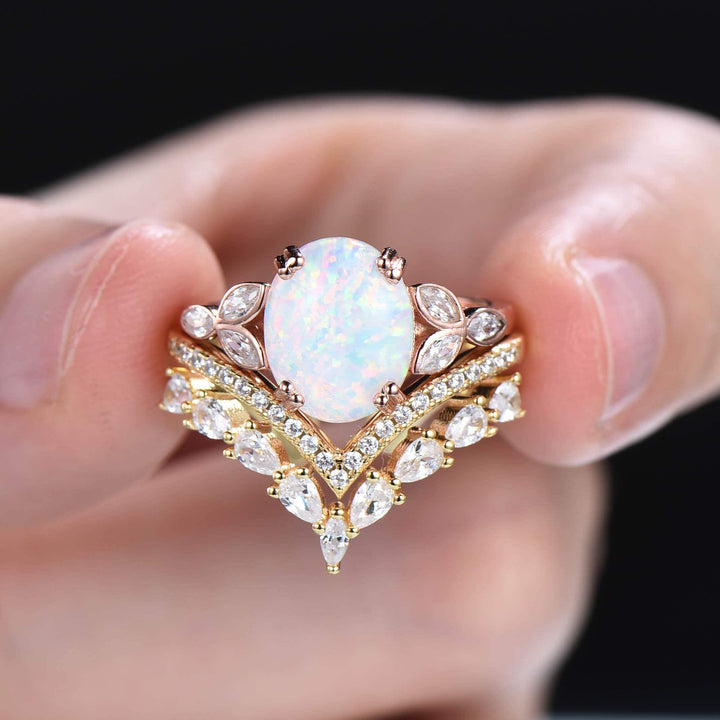Vintage Oval Cut Opal Engagement Ring Set 8x10mm Fire White Opal Gold Bridal Set Woman Bezel Set Unique Marquise Moissanite Wedding Ring Set - PENFINE
