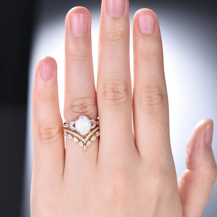 Vintage Oval Cut Opal Engagement Ring Set 8x10mm Fire White Opal Gold Bridal Set Woman Bezel Set Unique Marquise Moissanite Wedding Ring Set - PENFINE