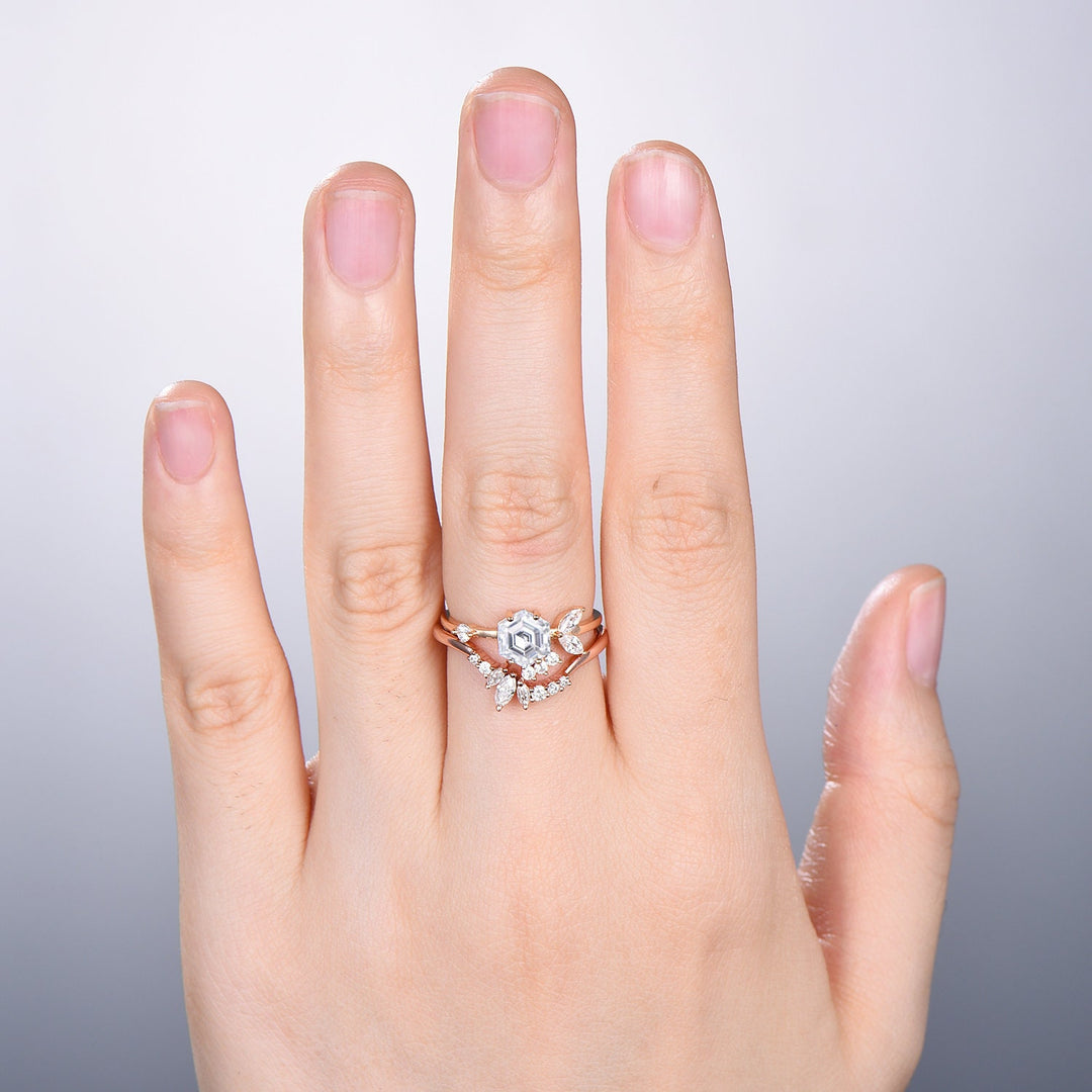 Hexagon moissanite engagement ring set art deco 14k rose gold unique vintage wedding ring set women marquise moissanite bridal ring set - PENFINE