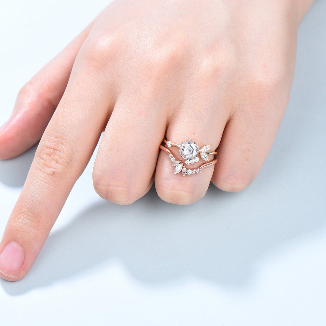 Hexagon moissanite engagement ring set art deco 14k rose gold unique vintage wedding ring set women marquise moissanite bridal ring set - PENFINE