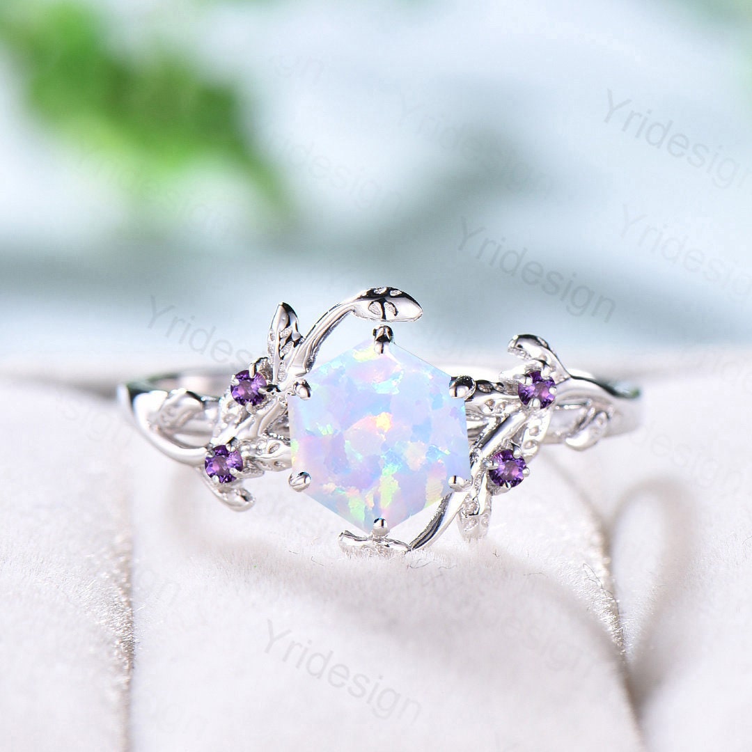 Elegant White Opal Engagement Ring Vintage Unique Hexagon Fire