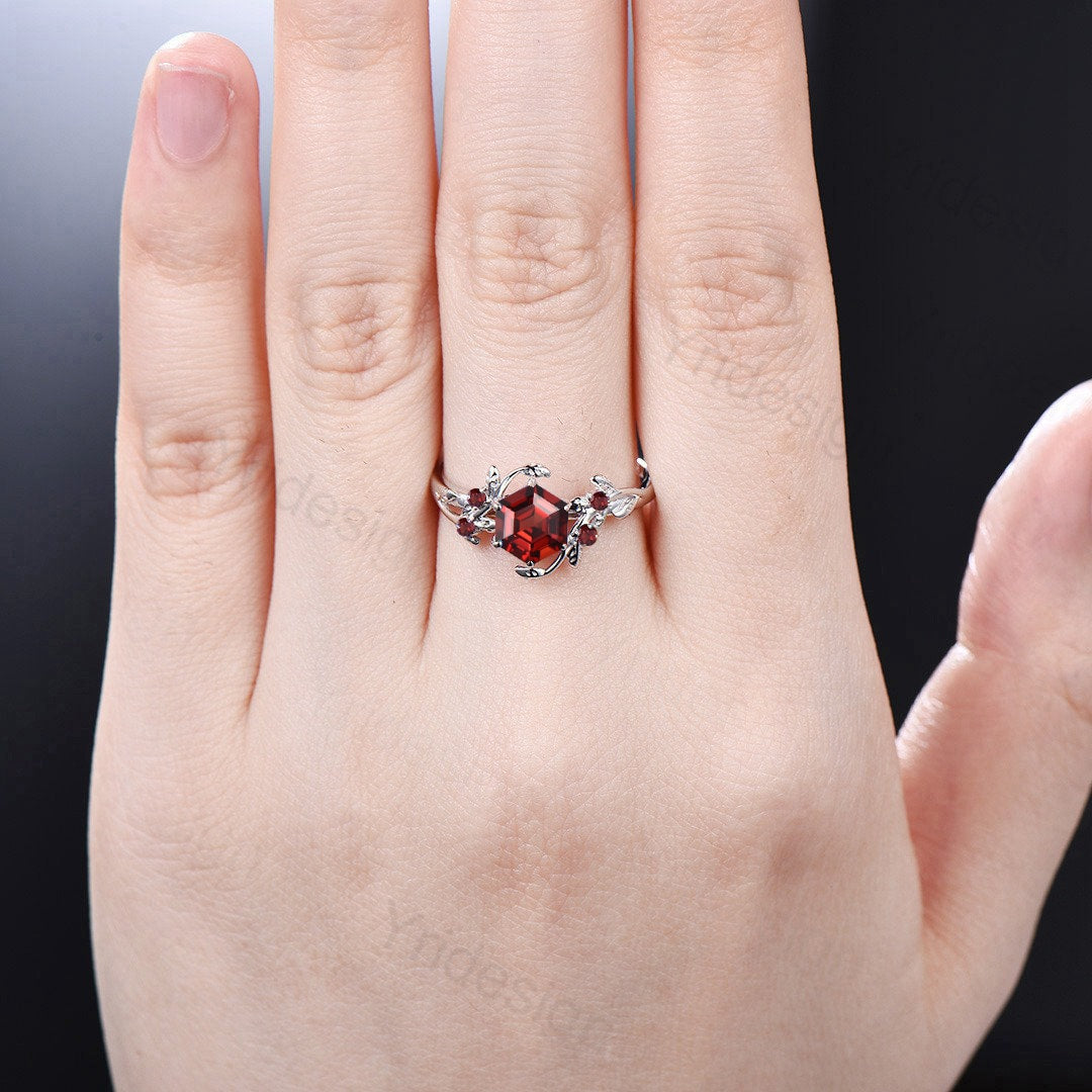 Natural Inspired Garnet Ring Vintage Unique Twig Engagement Ring 14K White Gold Leaf Branch Wedding Ring Women January Birthstone Ring - PENFINE