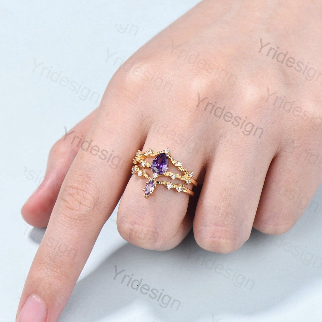 Leaf Amethyst Engagement Ring Vintage Pear Shaped Amethyst Wedding Ring Set Unique wedding set for Women, Art Deco Branch Bride Promise Ring - PENFINE