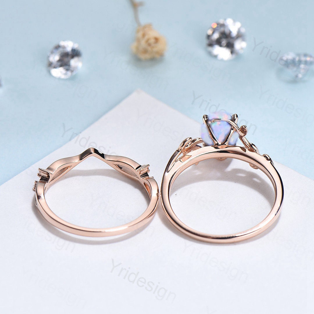 Natural Inspired Leaf opal ring set cluster amethyst fire opal engagement ring women unique branch wedding ring set for her anniversary gift - PENFINE