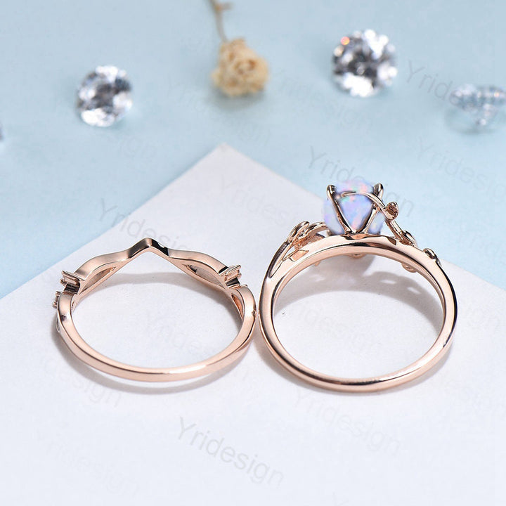 Natural Inspired Leaf opal ring set cluster amethyst fire opal engagement ring women unique branch wedding ring set for her anniversary gift - PENFINE