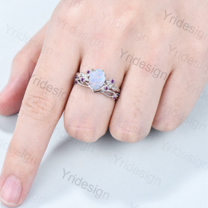 Natural Inspired Leaf opal ring set cluster amethyst fire opal engagement ring women unique branch wedding ring set for her anniversary gift - PENFINE