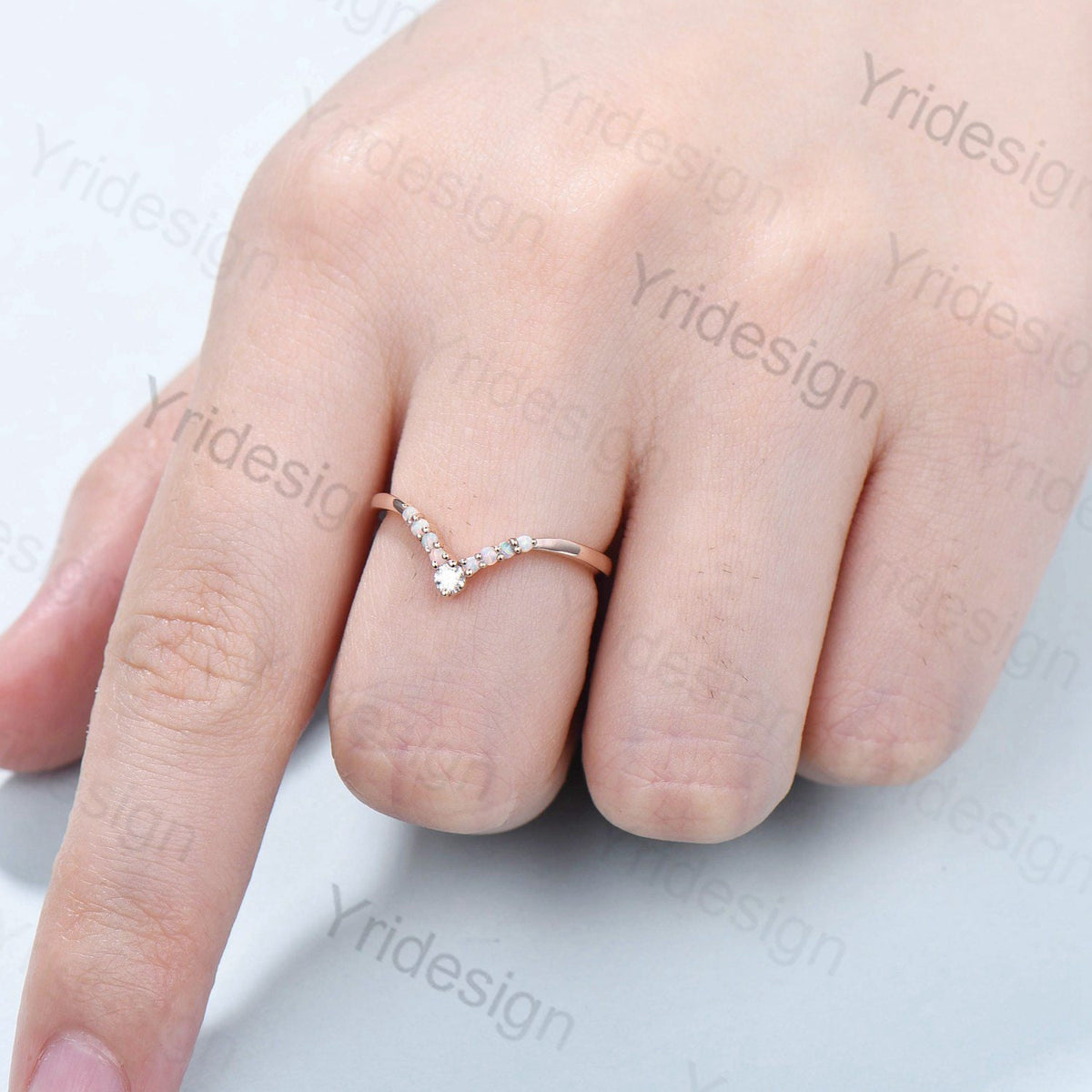 Vintage Opal wedding band Womens Opal wedding Ring Rose gold opal ring Art deco opal ring Fire opal stacking ring curved V Wedding Band - PENFINE