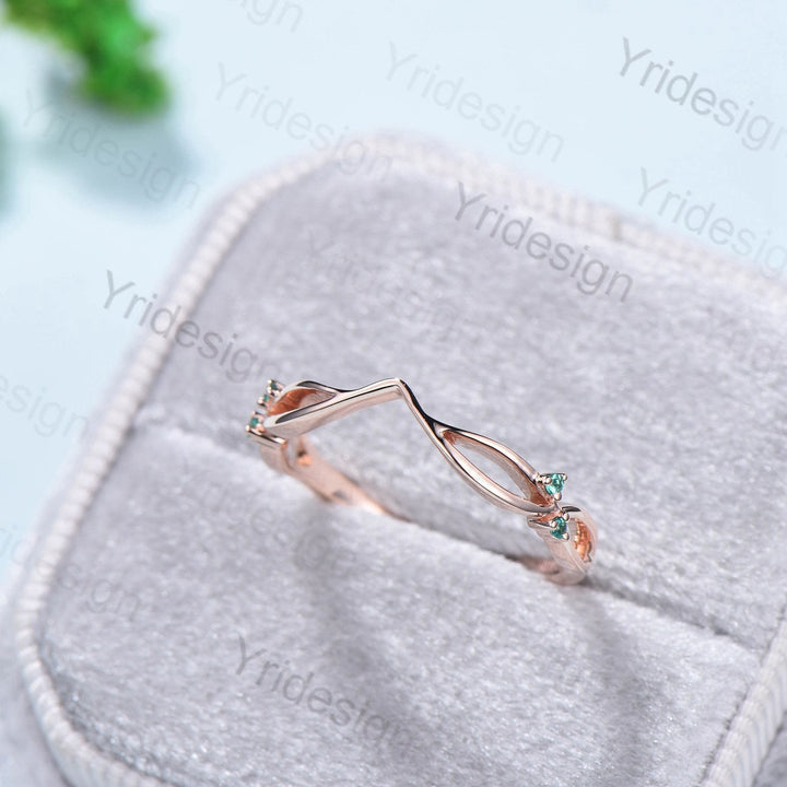 Emerald Wedding Band Curved Art Deco Stacking Wedding Ring Anniversary Ring For Women Stackable Band Evil Eye Emerald Promise Ring For Her - PENFINE