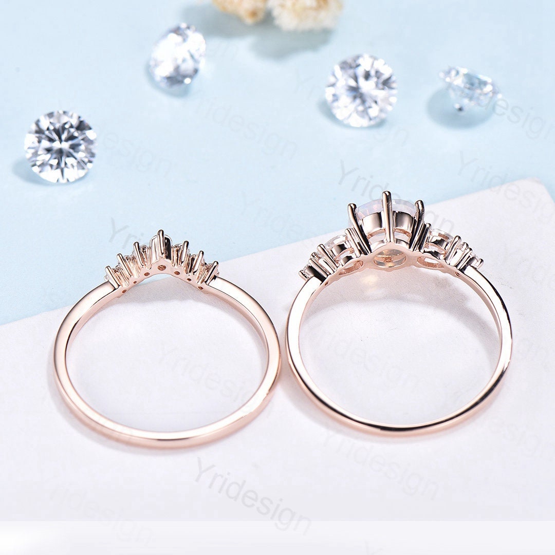 Vintage Alexandrite Engagement Ring Set Rose Gold Five Stone Pear Moonstone Wedding Ring Set Women Crown Opal Stacking Band Anniversary Gift - PENFINE