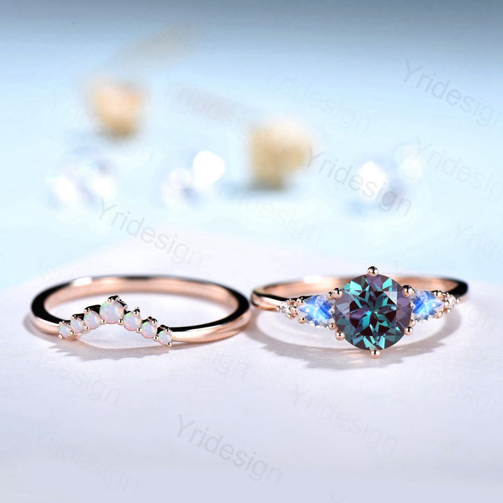 Vintage Alexandrite Engagement Ring Set Rose Gold Five Stone Pear Moonstone Wedding Ring Set Women Crown Opal Stacking Band Anniversary Gift - PENFINE
