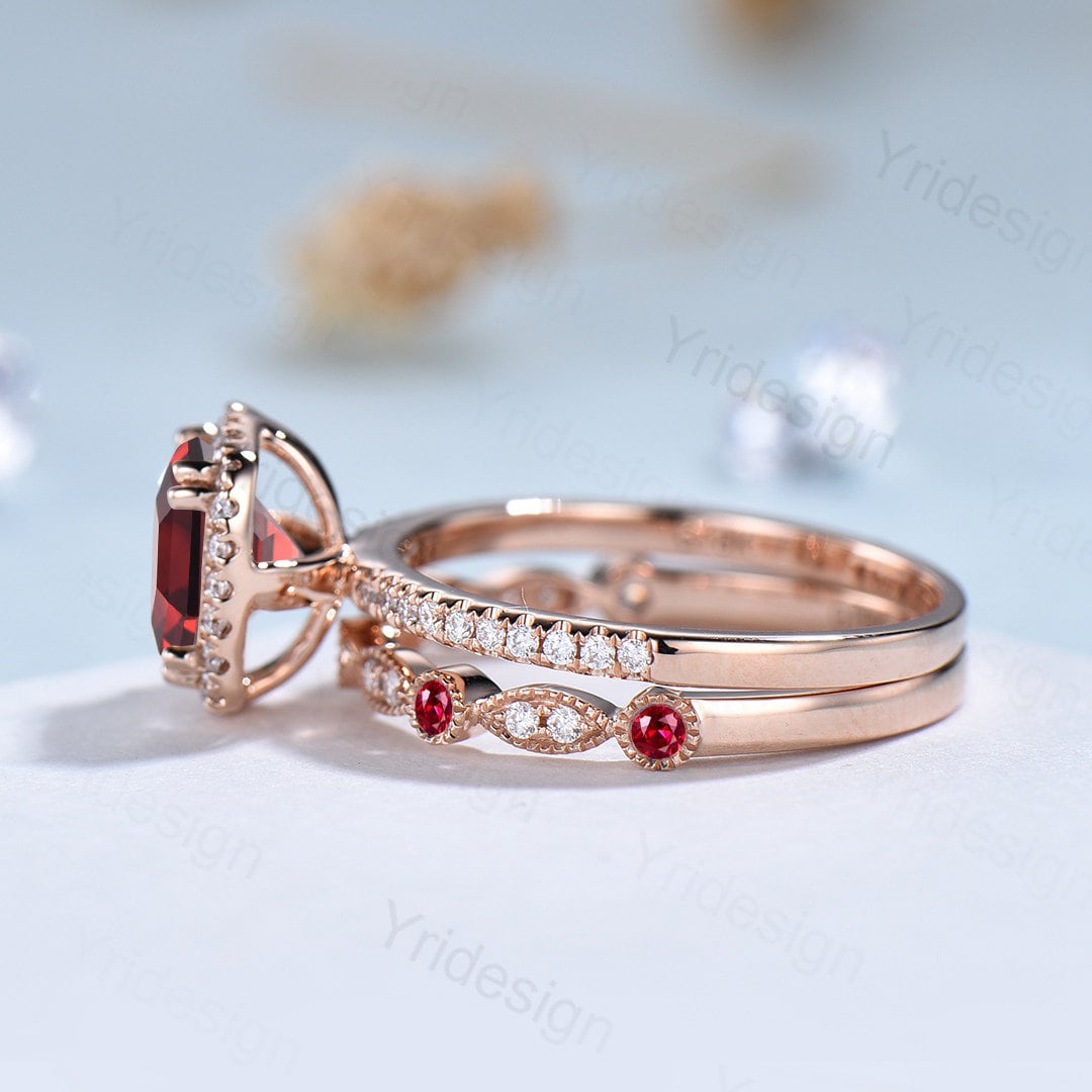 Cushion cut garnet wedding ring set 14k rose gold vintage antique garnet engagement ring set for women Art deco halo diamond bridal set - PENFINE