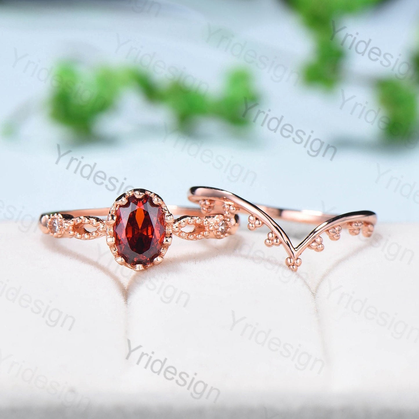 Art deco Natural Red Garnet Engagement Ring Set Vintage Unique 2Pcs Garnet Wedding Bridal Ring Set January Birthstone Ring Gift For her - PENFINE