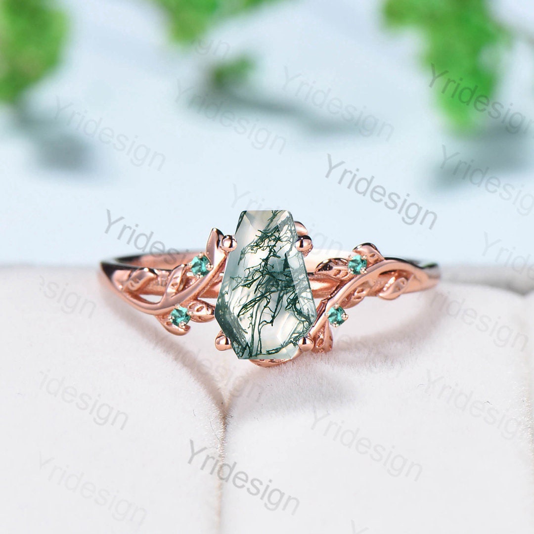 Vintage Coffin Cut Moss Agate Ring Twig Engagement Ring Cluster Emerald Leaf Wedding Ring Women Natural Inspired Green Gemstone Promise Ring - PENFINE