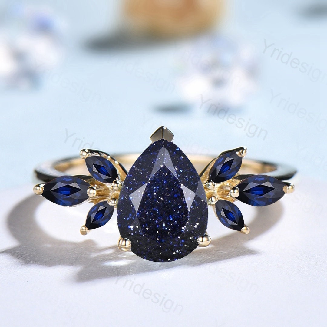 Pear Shape Blue Sandstone Ring Vintage Galaxy Starry Sky Engagement Ring  Cluster Marquise Blue Sapphire Wedding Ring Proposal Gift For Women