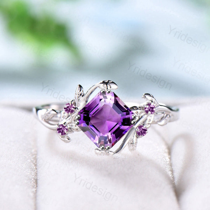 Elegant Asscher Cut Amethyst Ring Vintage Unique Twig Engagement Ring White Gold Leaf Branch Silver Wedding Ring Proposal Gift For Women - PENFINE