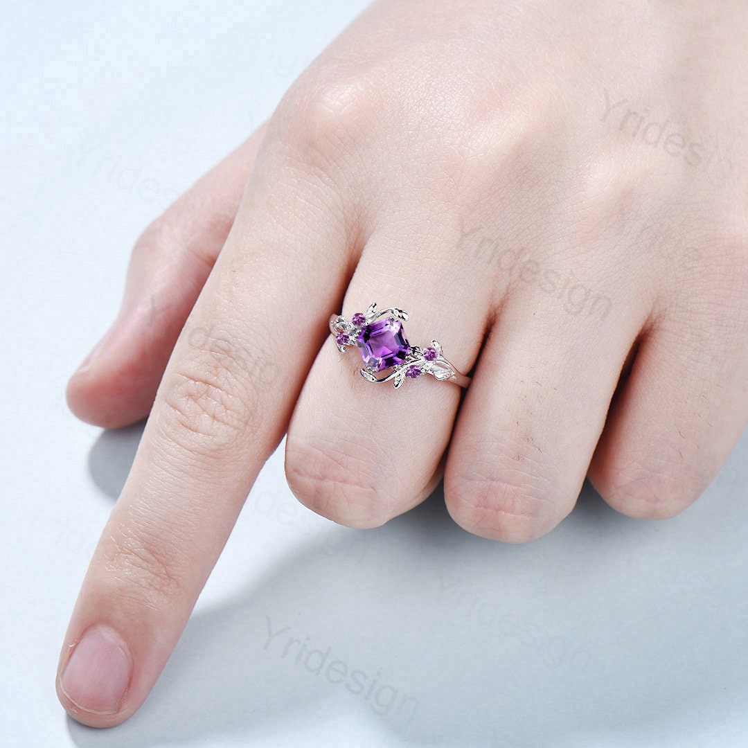Elegant Asscher Cut Amethyst Ring Vintage Unique Twig Engagement Ring White Gold Leaf Branch Silver Wedding Ring Proposal Gift For Women - PENFINE