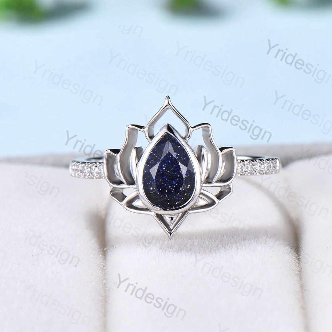 Lotus flower blue sandstone ring bezel set galaxy unique guardian engagement ring teardrop promise ring unique handmade proposal gifts women - PENFINE