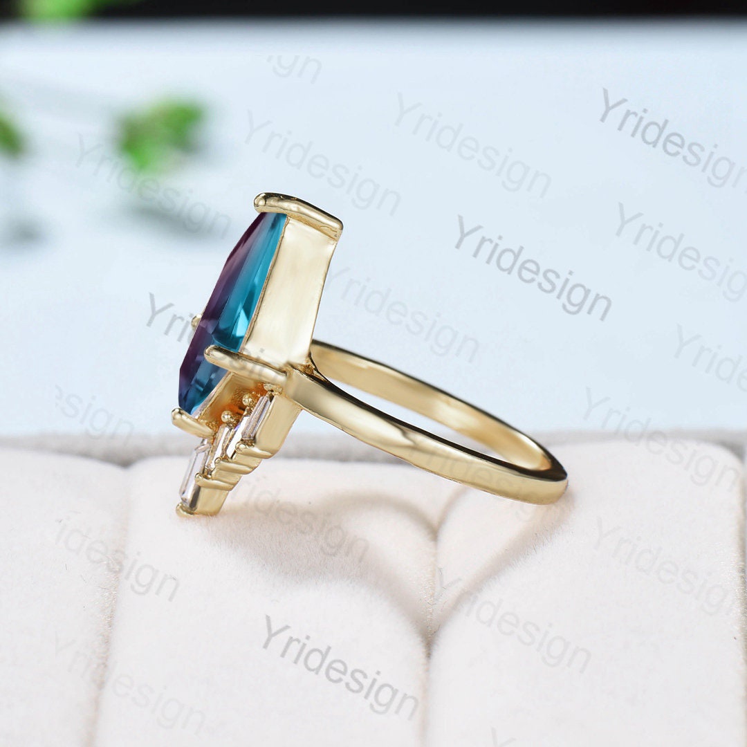 Vintage alexandrite engagement ring kite cut Unique cluster baguette moissanite wedding ring for women June birthstone ring Anniversary gift - PENFINE