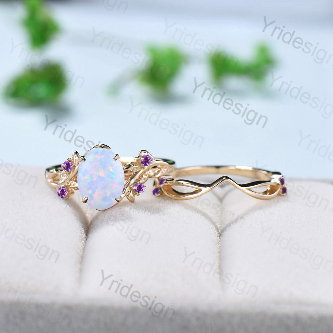 Natural Inspired Leaf opal ring set cluster amethyst fire opal engagement ring women unique branch wedding ring set for her anniversary gift - PENFINE