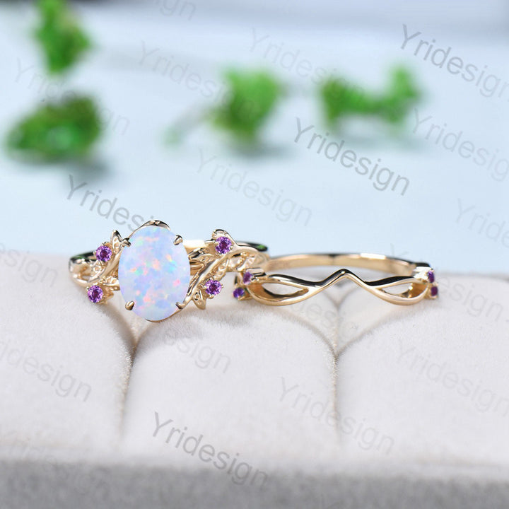 Natural Inspired Leaf opal ring set cluster amethyst fire opal engagement ring women unique branch wedding ring set for her anniversary gift - PENFINE