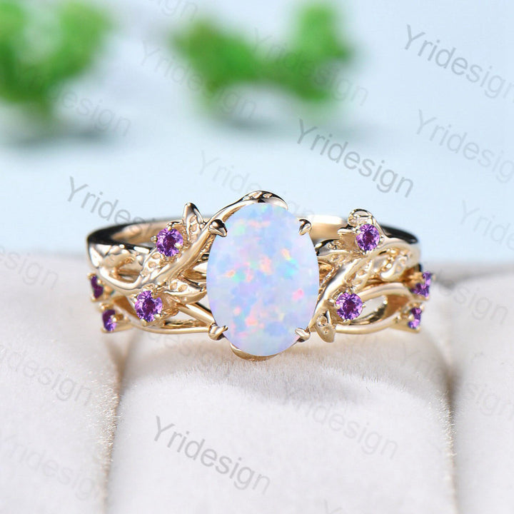 Natural Inspired Leaf opal ring set cluster amethyst fire opal engagement ring women unique branch wedding ring set for her anniversary gift - PENFINE