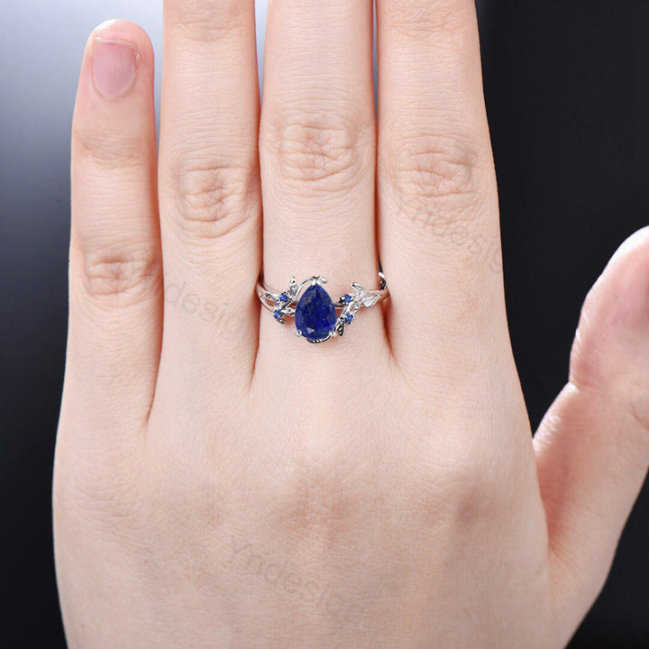 Elegant Pear Shaped Lapis Lazuli Ring Vintage Unique Twig Engagement Ring Leaf Cluster Sapphire Wedding Ring Women Blue Gemstone Branch Ring - PENFINE