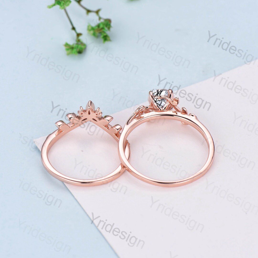 Oval Black Rutilated Quartz Engagement Ring Set Vintage Rose Gold Black Rutile Crystal Bridal Ring Unique Spinel Wedding Gift Women - PENFINE